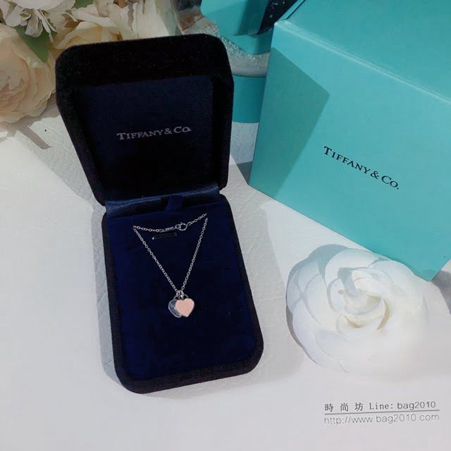 Tiffany純銀飾品 蒂芙尼女士專櫃爆款925純銀櫻花粉藍色雙心琺瑯項鏈  zgt1657